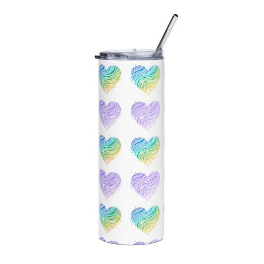 Tumbler with colorful heart pattern on a white background