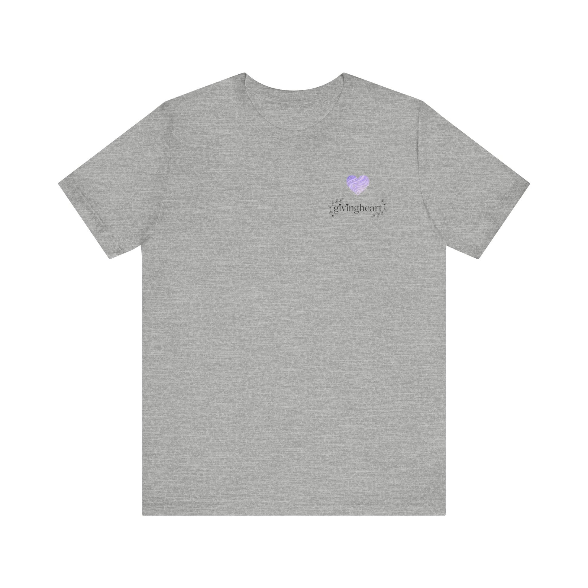 Gray t-shirt with a small  lilac heart logo on the chest against a white background
