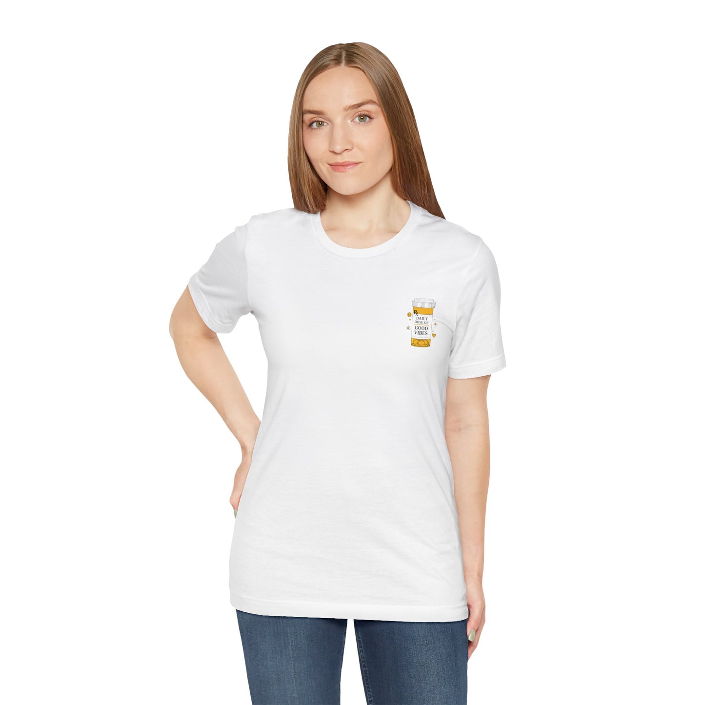 Woman wearing a white t-shirt with a small prescription bottle good vibes graphic on a white background