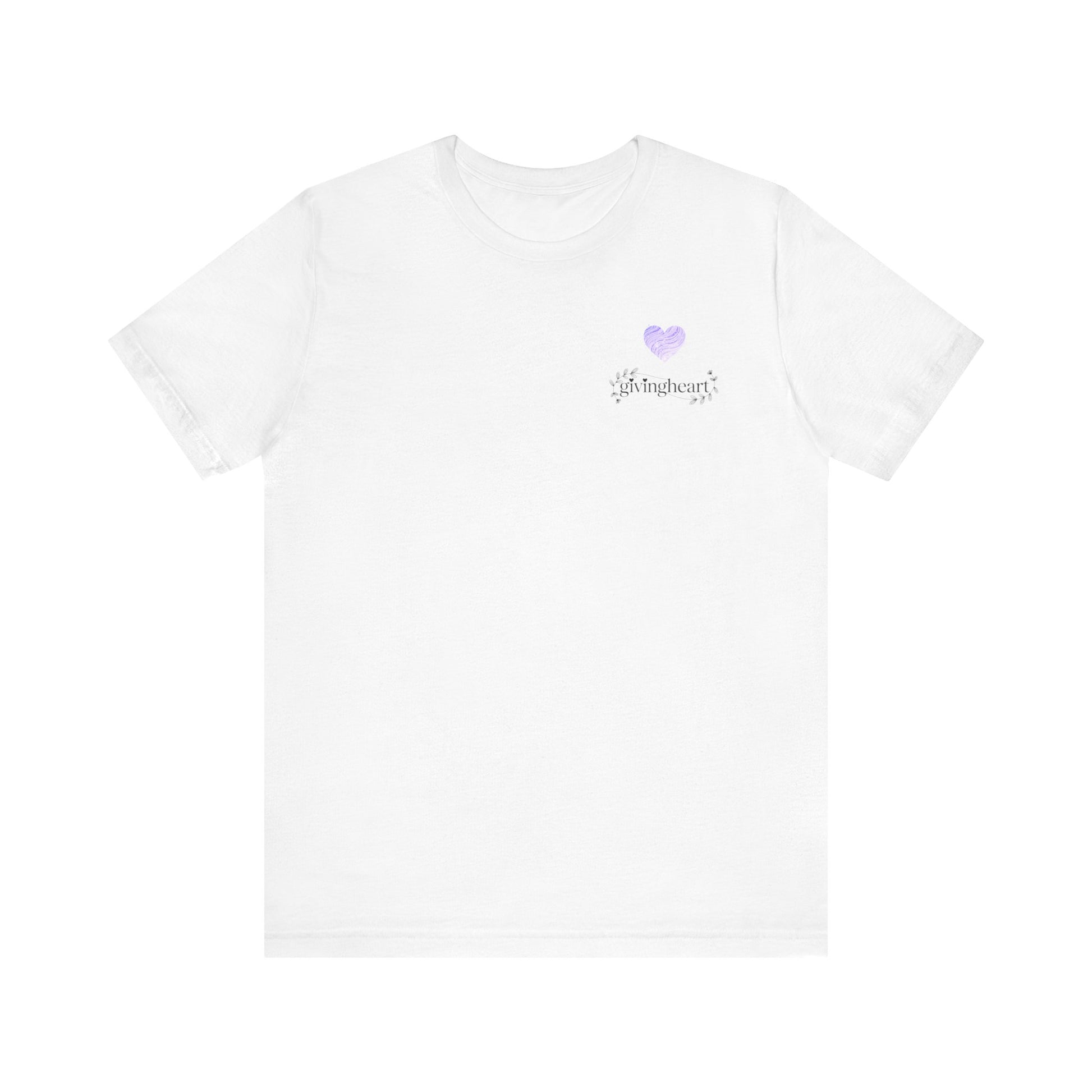 White t-shirt with a  lilac heart logo on a white background
