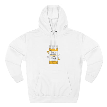 White hoodie with a daily dose of good vibes design on a white background 