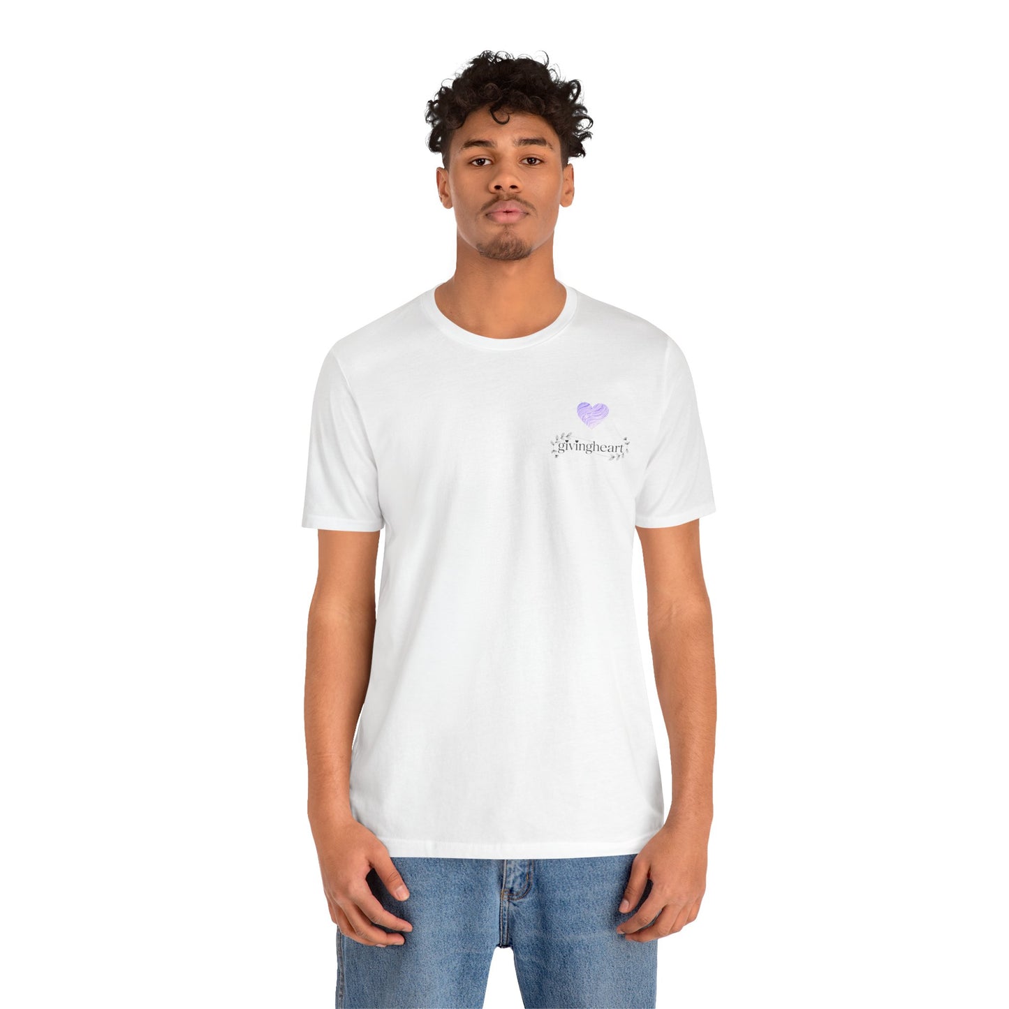 Person wearing a white t-shirt with a  lilac heartlogo on a white background