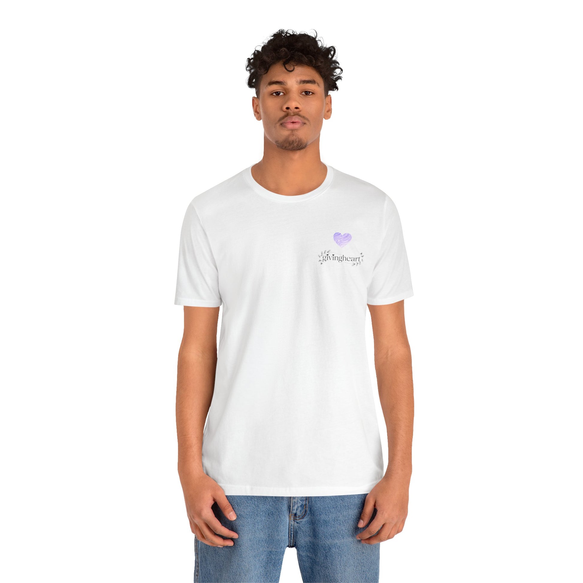 Person wearing a white t-shirt with a  lilac heartlogo on a white background