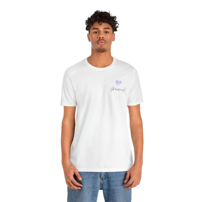 Person wearing a white t-shirt with a  lilac heartlogo on a white background