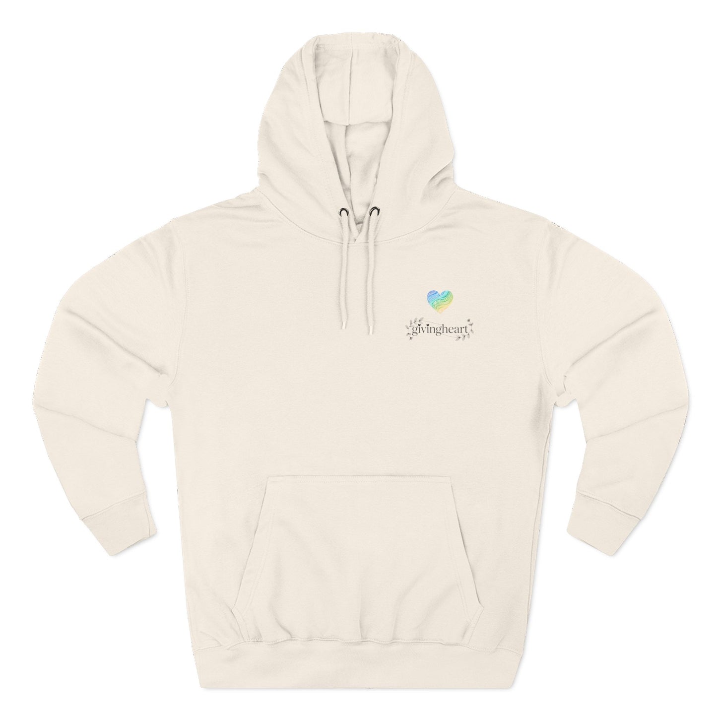 Beige hoodie with a a blue/green/yellow heart logo on a white background