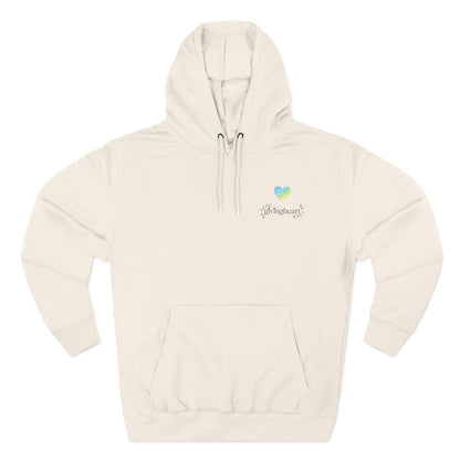 Beige hoodie with a a blue/green/yellow heart logo on a white background