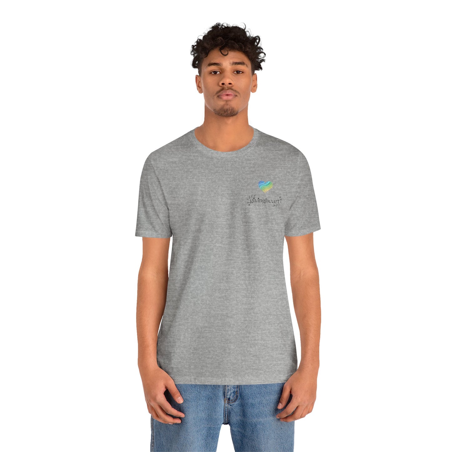 Person wearing a gray t-shirt with a a blue/green/yellow logo  on a white background
