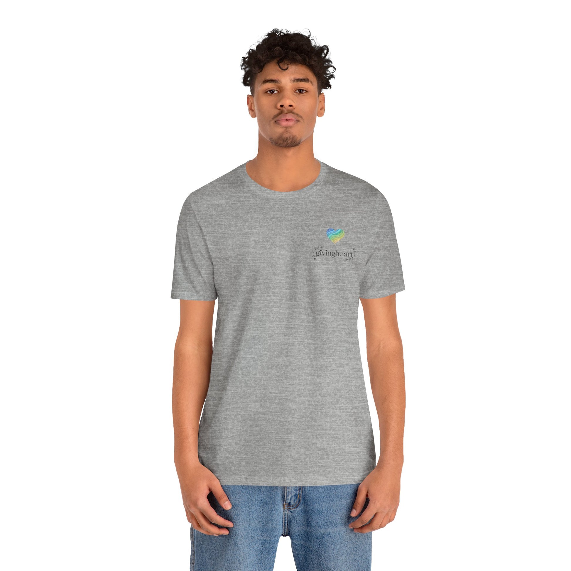 Person wearing a gray t-shirt with a a blue/green/yellow logo  on a white background