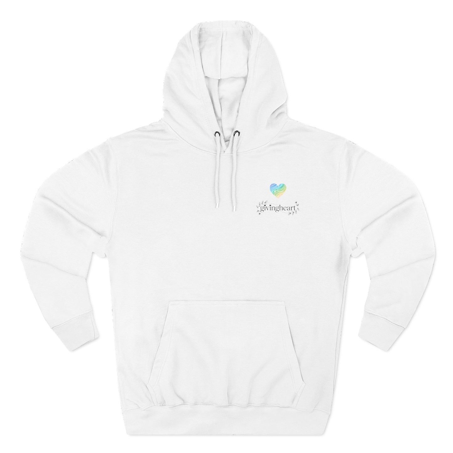 White hoodie with a blue/green/yellow heart logo on a white background
