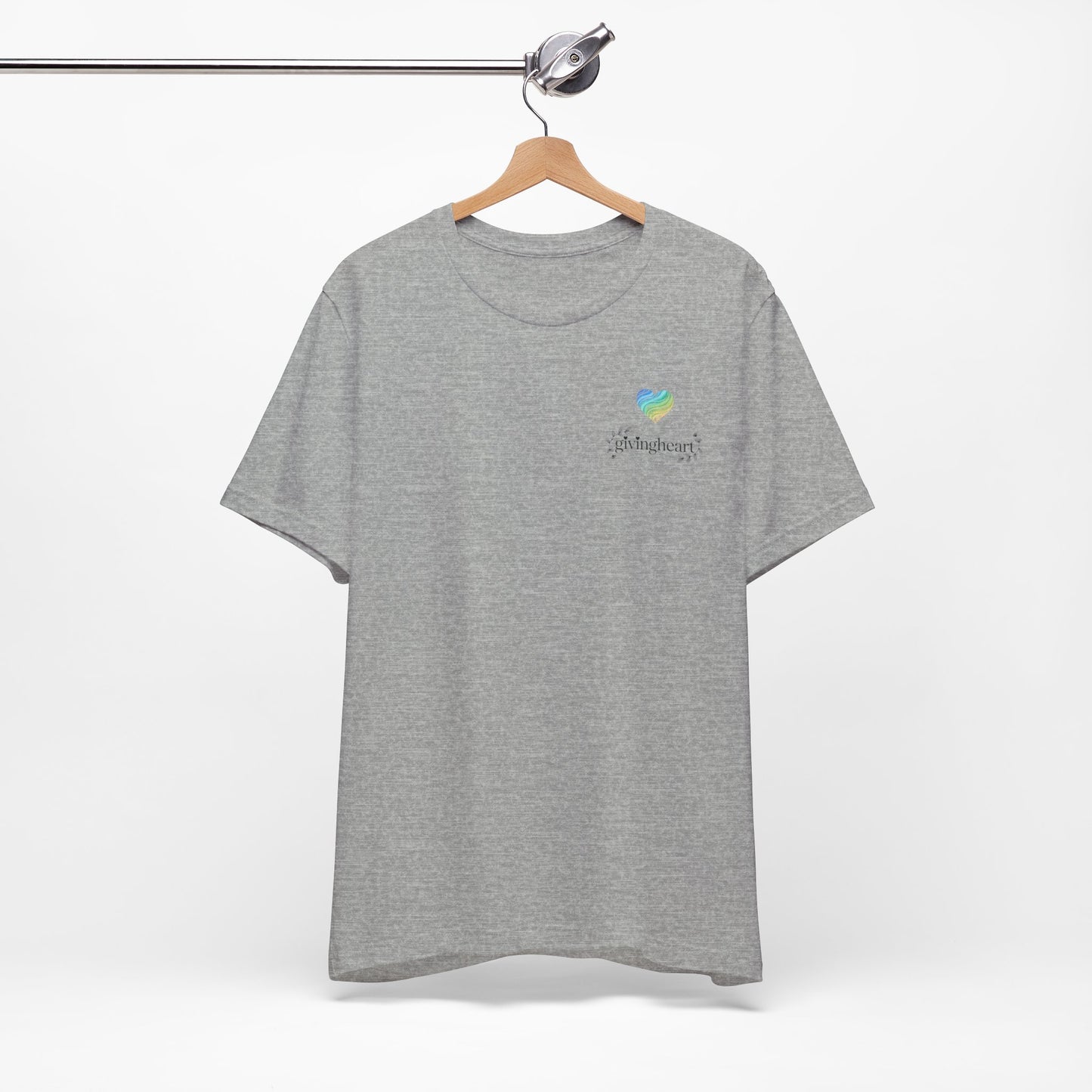 Gray t-shirt with a blue/green/yellow logo on a hanger against a white background