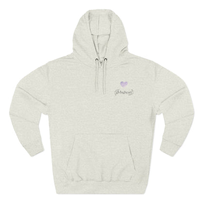 Beige hoodie with a lilac colored heart logo on a white background