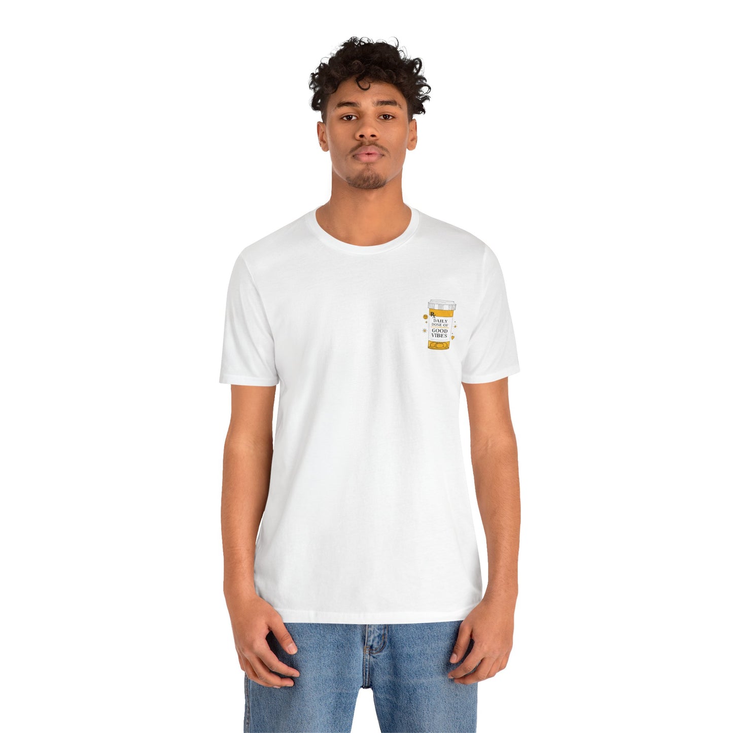 Person wearing a white t-shirt with a small graphic on a white background