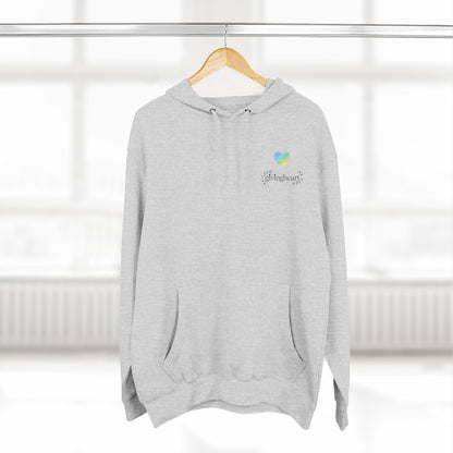Gray hoodie with a blue/green/yellow heart logo on a wooden hanger against a white background