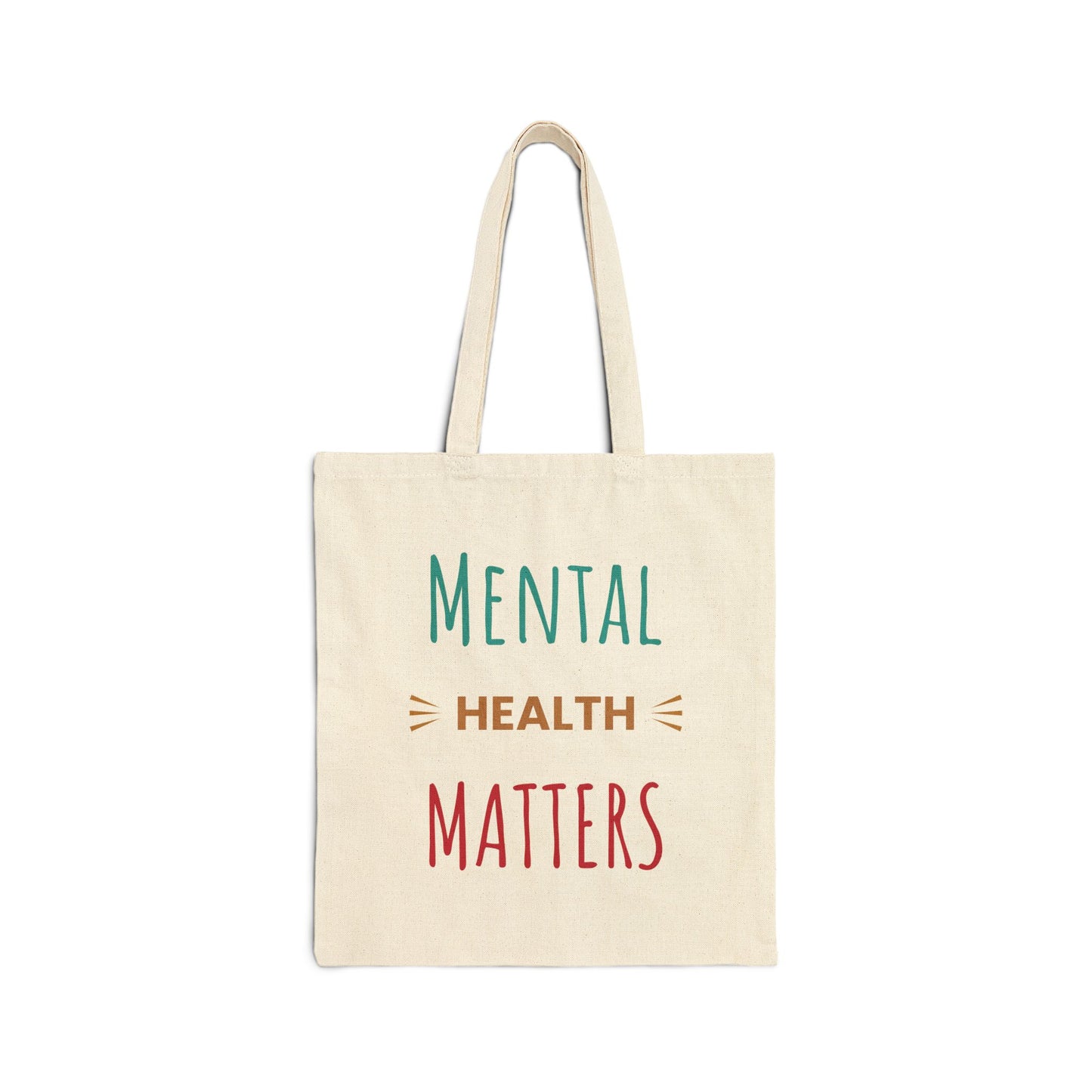 Tote bag with 'Mental Health Matters' text on a white background
