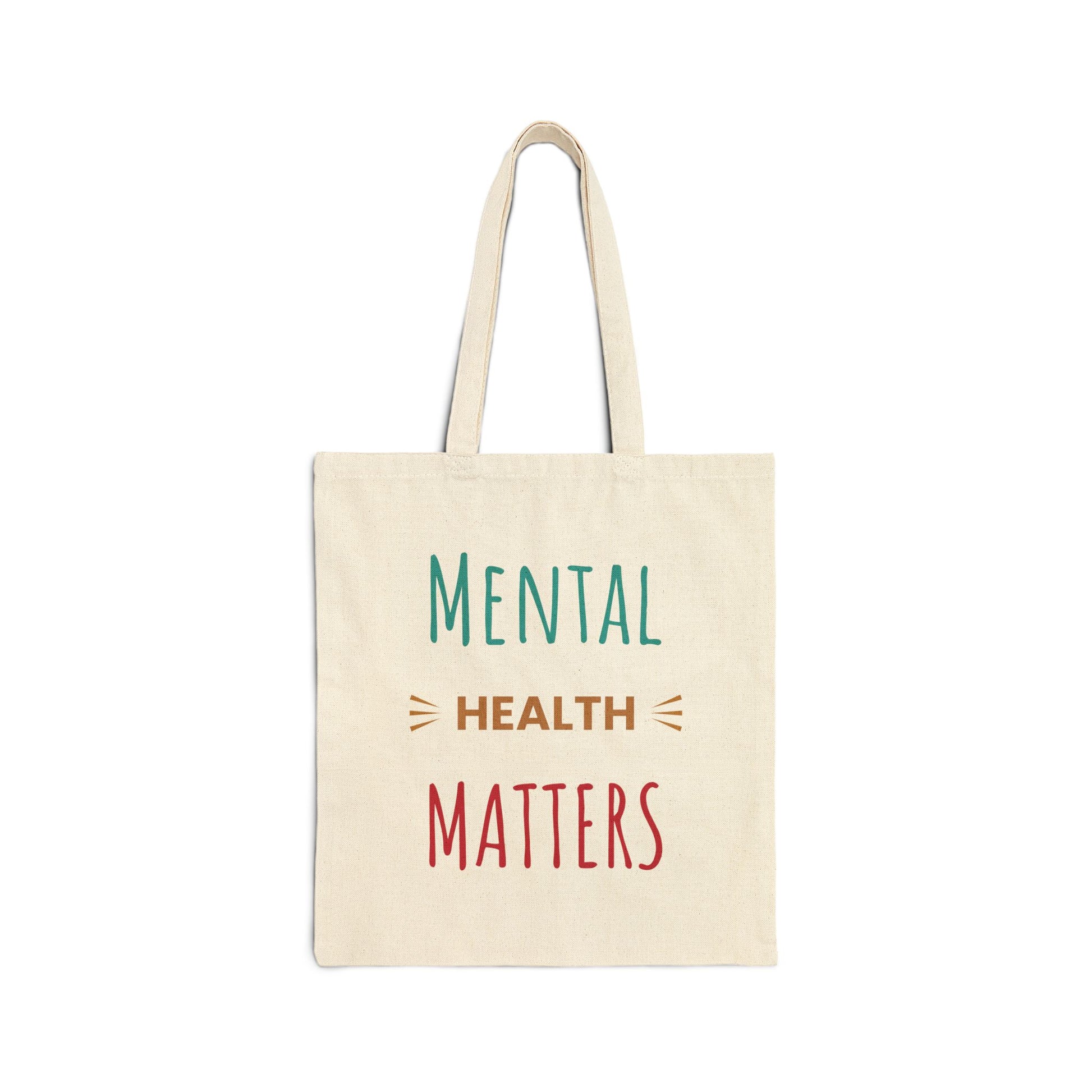 Tote bag with 'Mental Health Matters' text on a white background