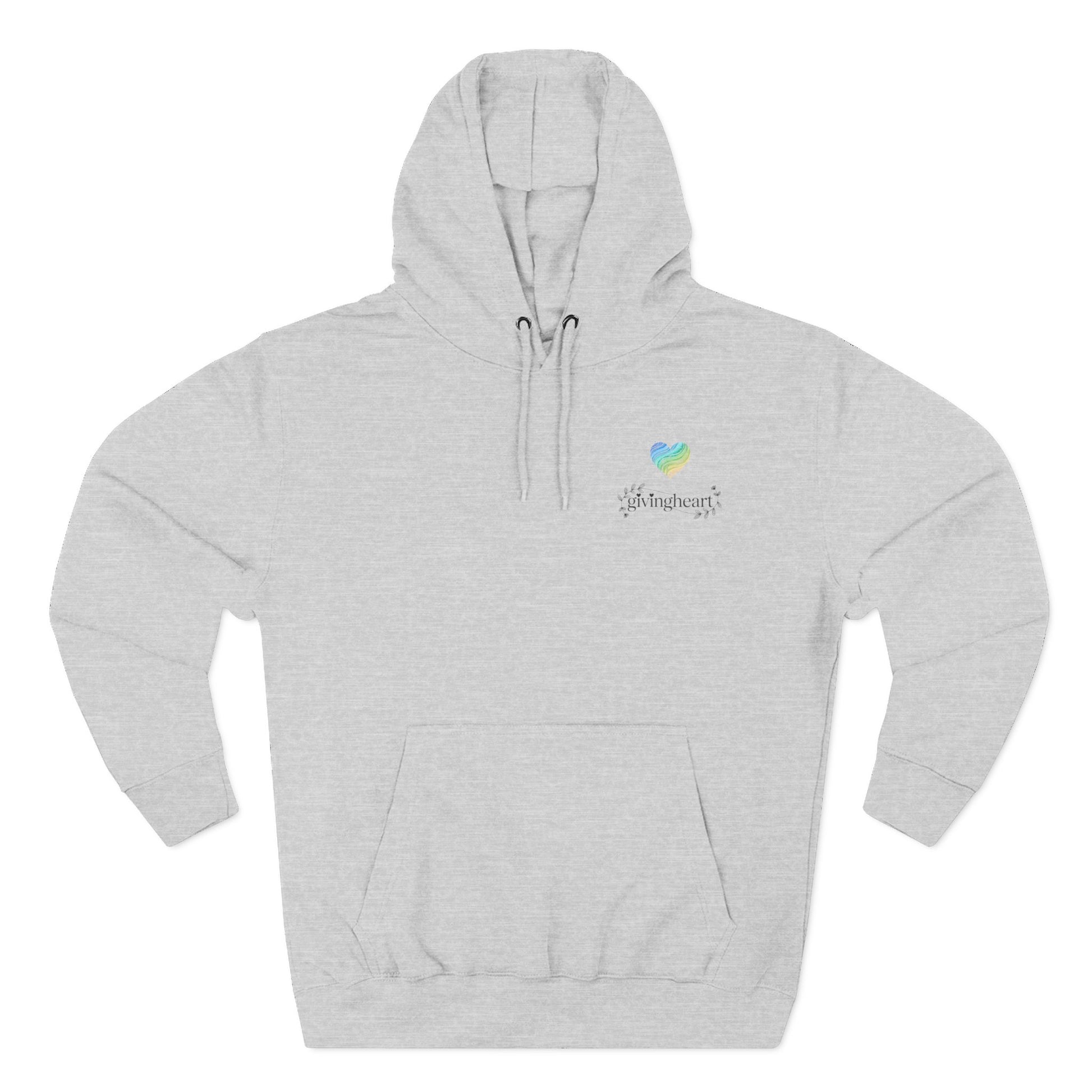 Gray hoodie with a blue/green/yellow heart logo on the chest against a white background