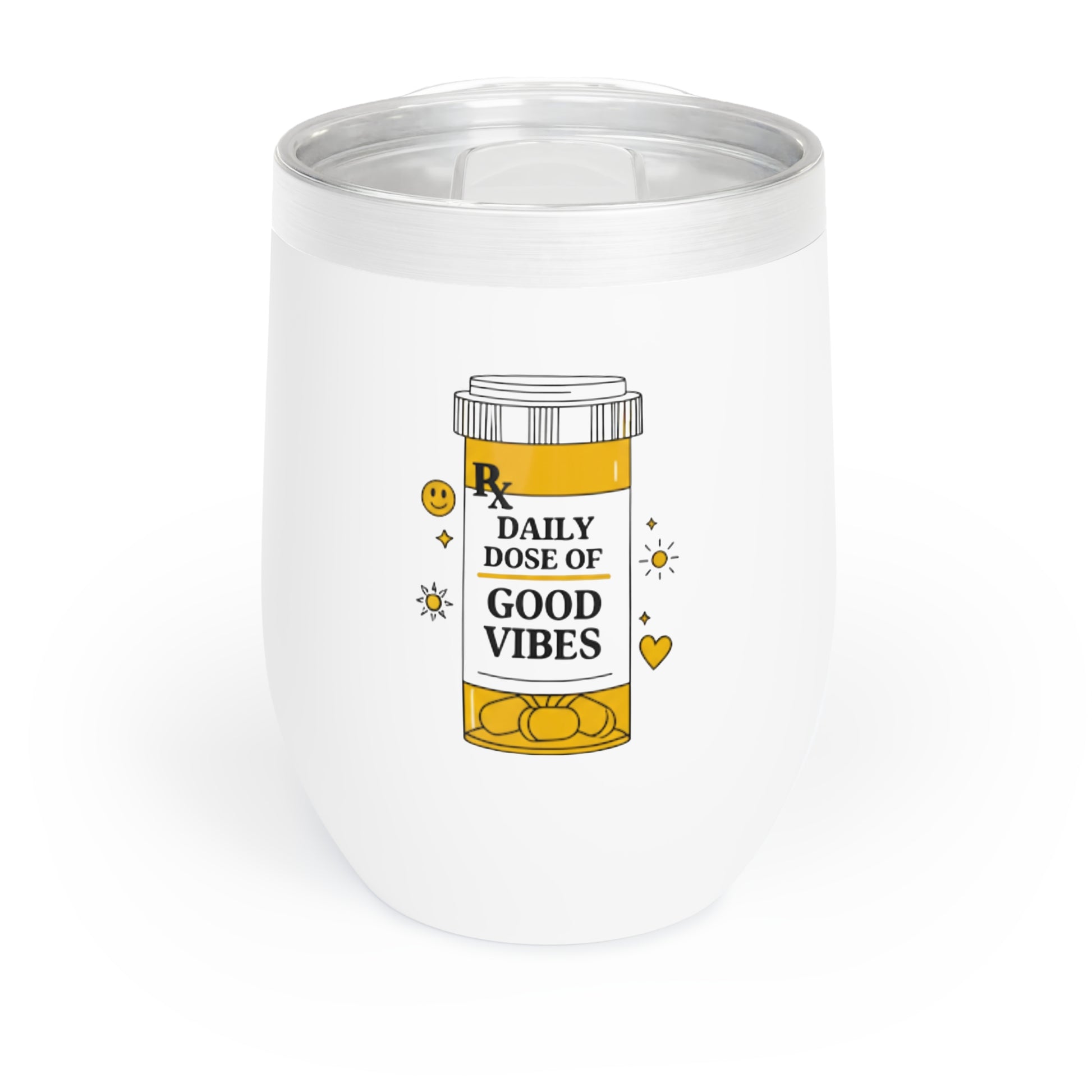 White tumbler with a prescription bottle good vibes label on a white background