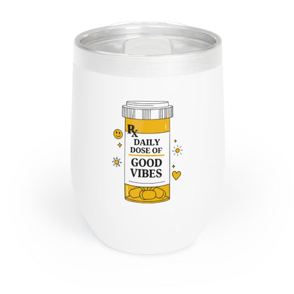 White tumbler with a prescription bottle good vibes label on a white background