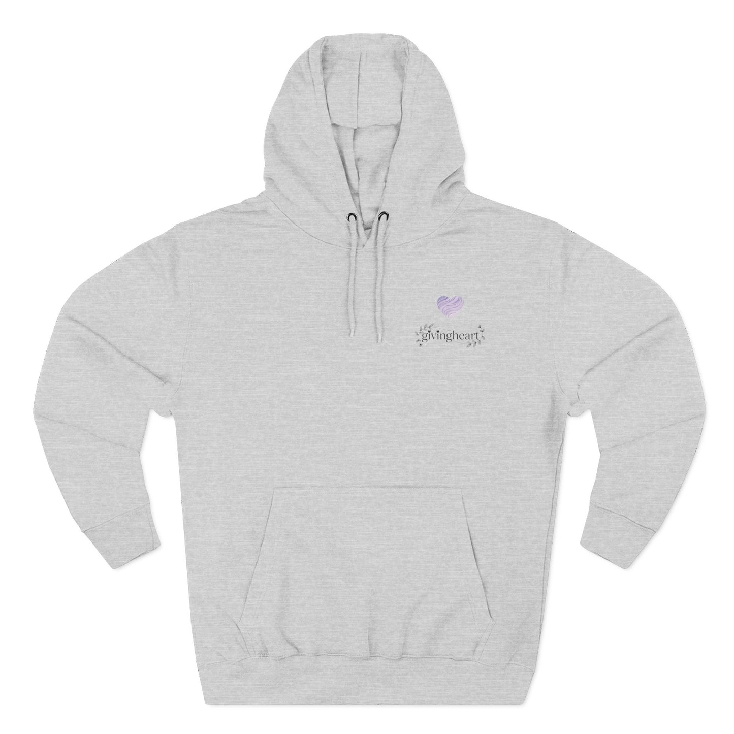 Gray hoodie with a lilac colored heart logo on a white background
