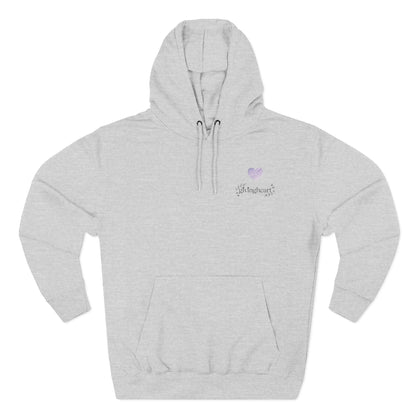 Gray hoodie with a lilac colored heart logo on a white background