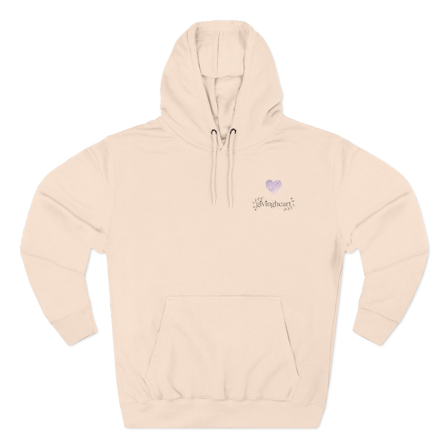 Beige hoodie with a lilac colored heart logo on a white background