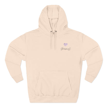 Beige hoodie with a lilac colored heart logo on a white background