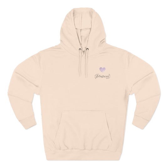Beige hoodie with a lilac colored heart logo on a white background