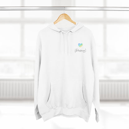 White hoodie with a blue/green/yellow heart logo logo on a wooden hanger against a white background