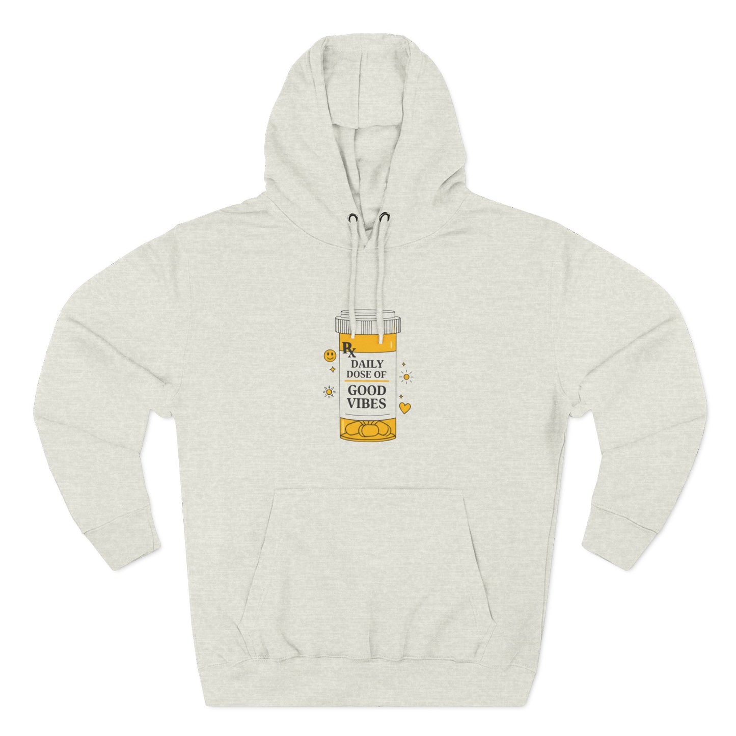 Beige hoodie with a graphic of a bottle labeled 'Daily Dose of Good Vibes' on a white background