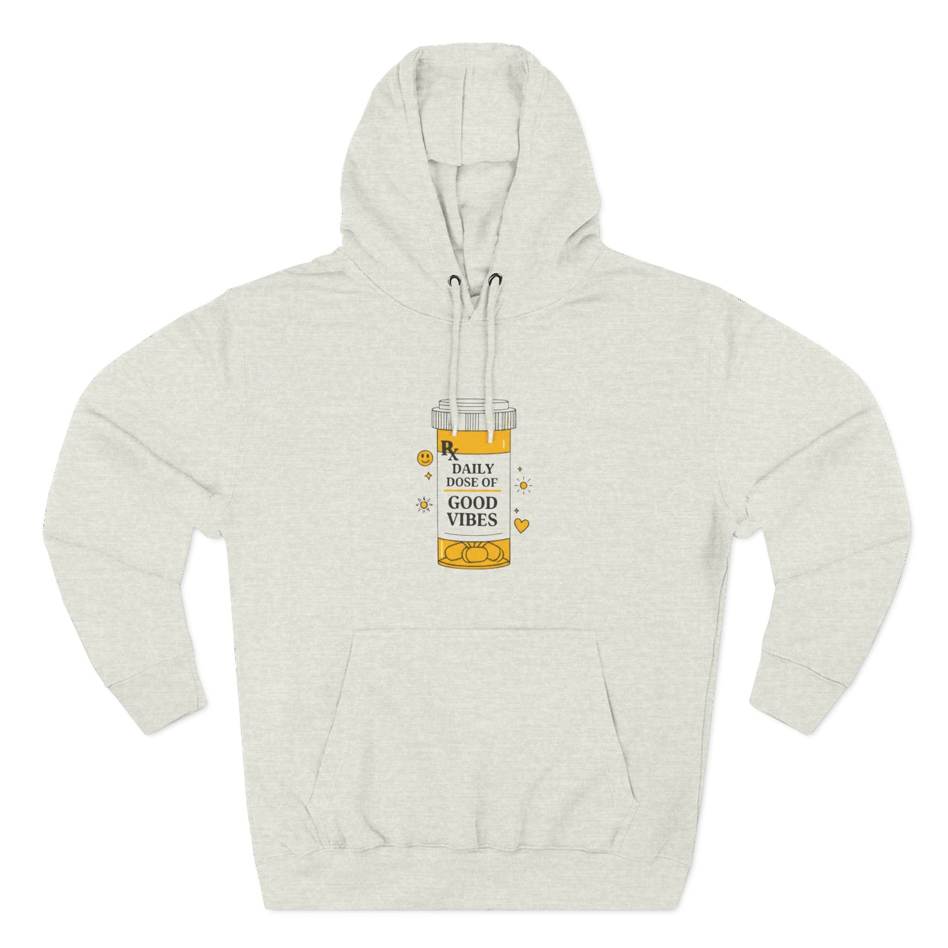 Beige hoodie with a graphic of a bottle labeled 'Daily Dose of Good Vibes' on a white background