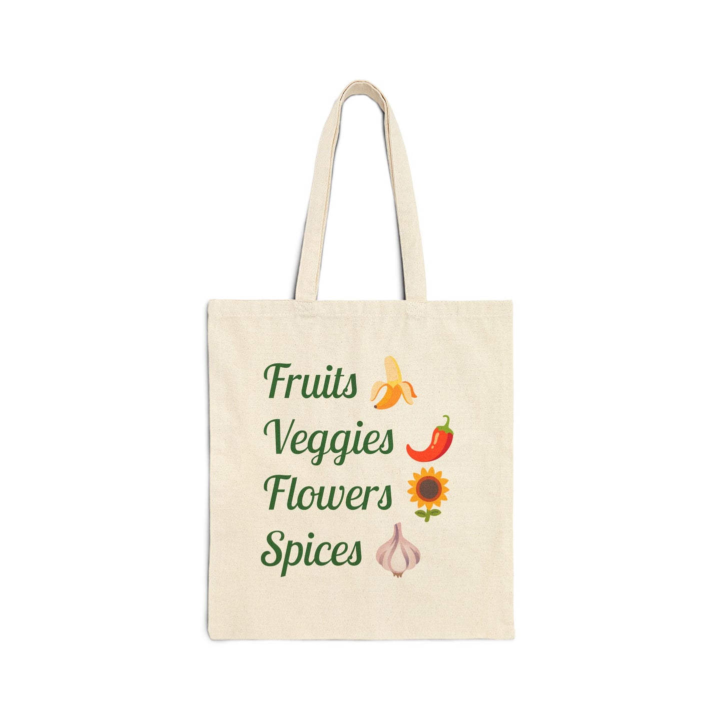 Tote bag with text 'Fruits Veggies Flowers Spices' and illustrations on a white background
