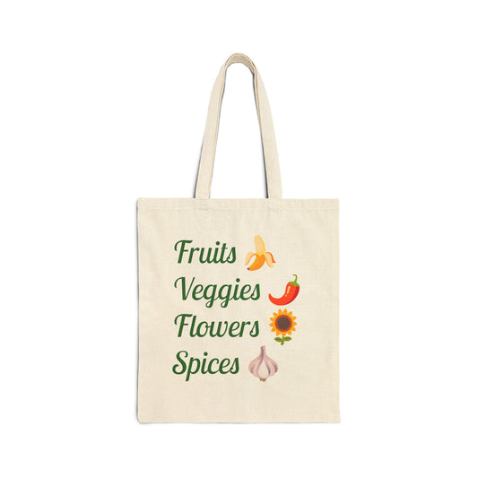 Tote bag with text 'Fruits Veggies Flowers Spices' and illustrations on a white background