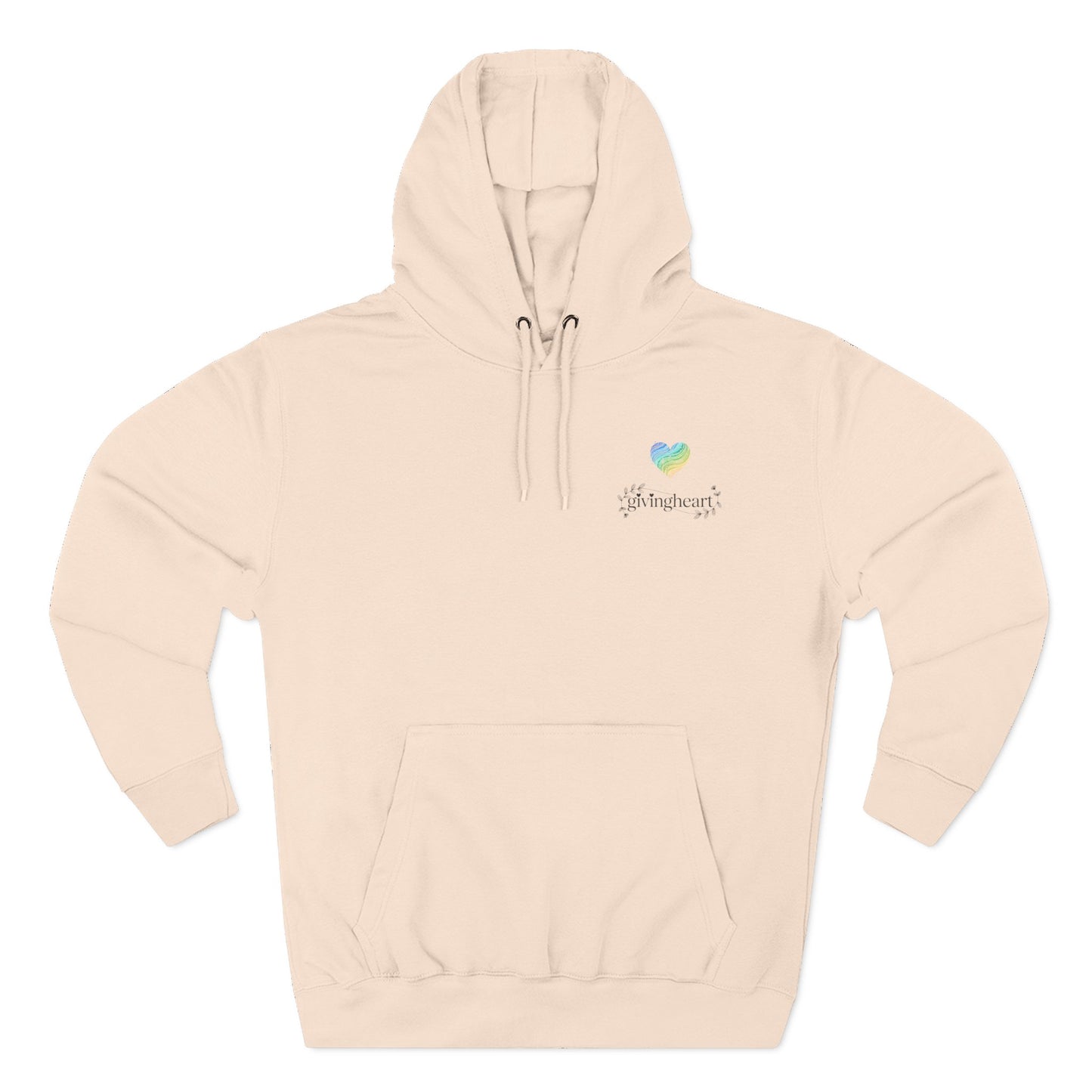 Beige hoodie with a blue/green/yellow heart logo on the chest against a white background