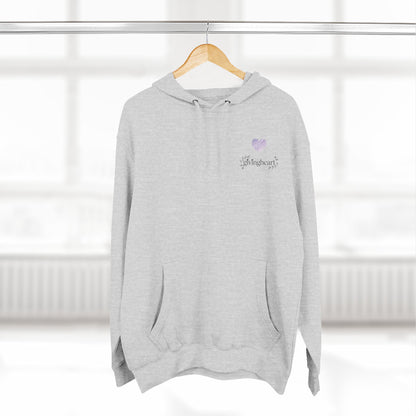 Gray hoodie with a lilac colored heart logo on a hanger