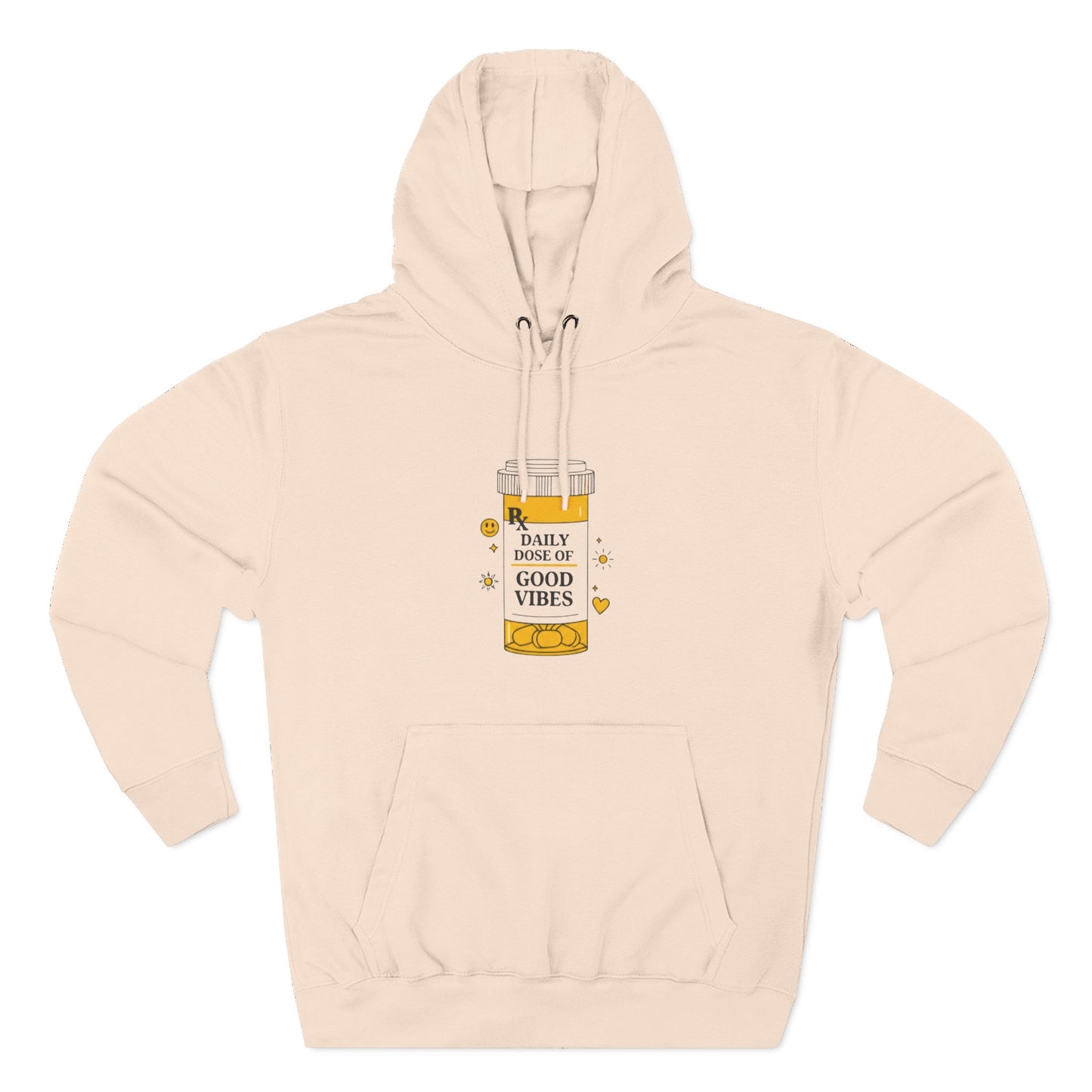 Pale pink hoodie with a graphic of a bottle labeled 'Dose of Good Vibes' on a white background