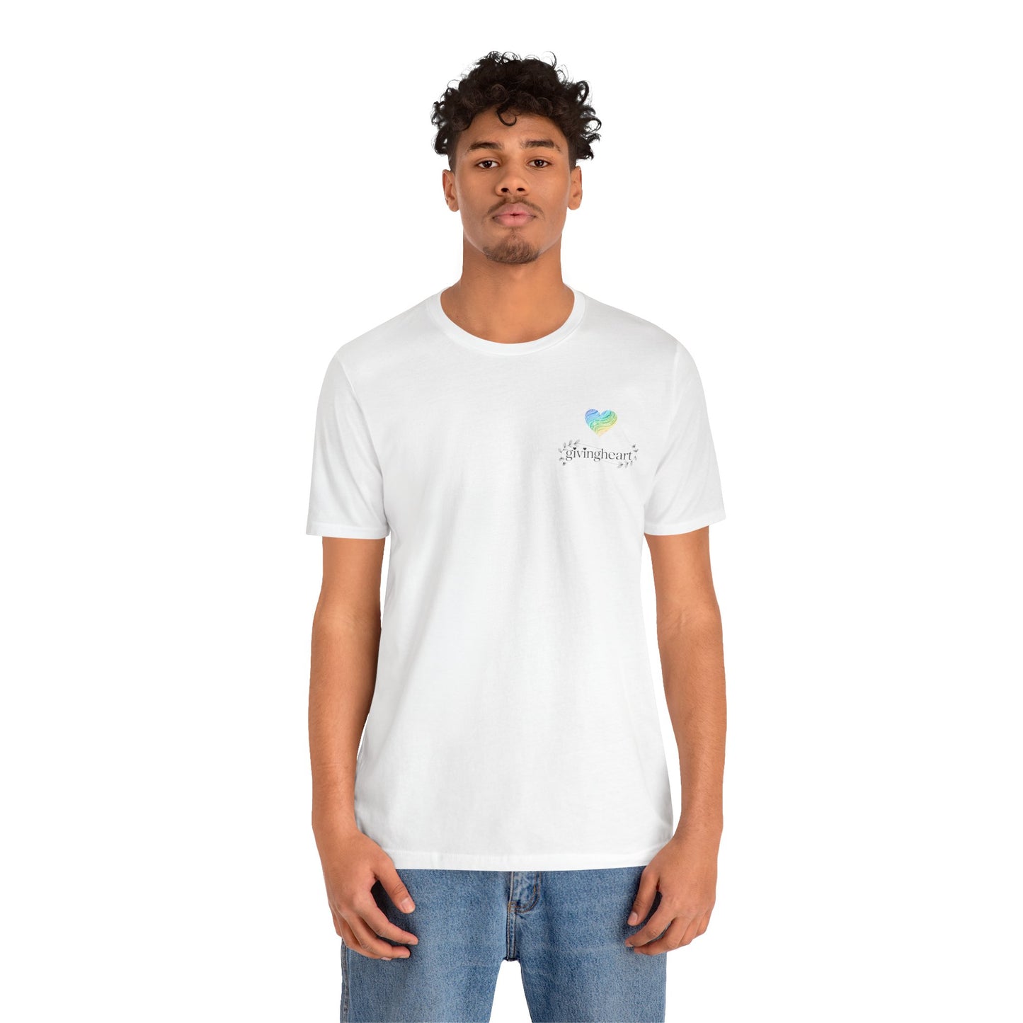 Person wearing a a blue/green/yellow logo  on a white background