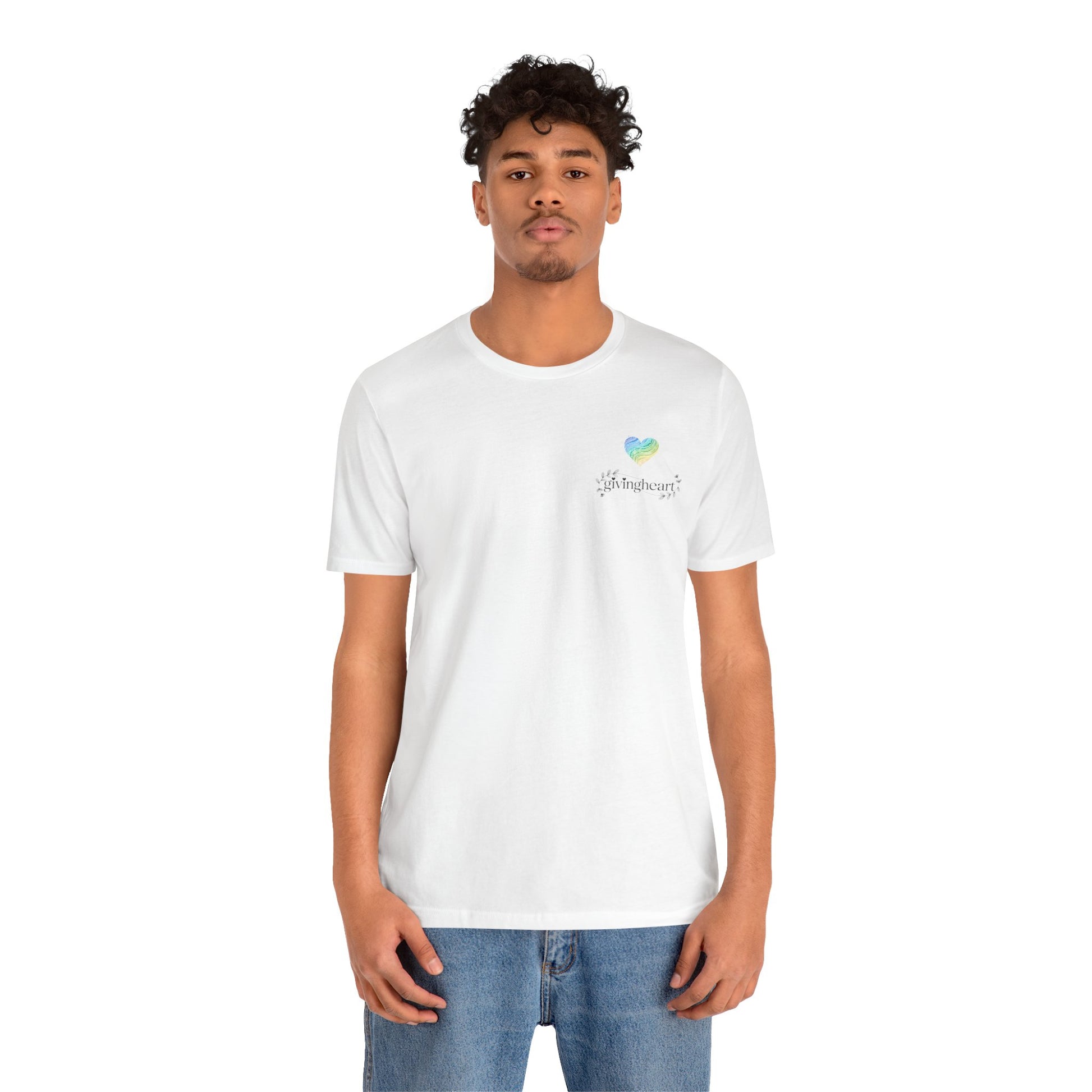 Person wearing a a blue/green/yellow logo  on a white background