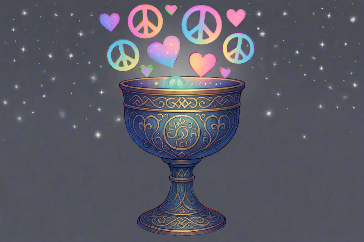 cup that is fantasy art drawn, filled with peace signs, hearts, and has no words with a transparent background