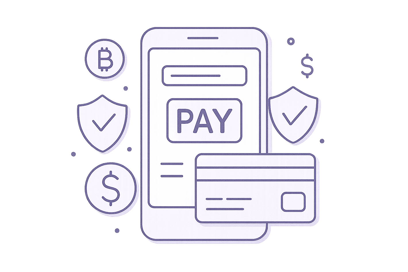 transparent background, line art, light purple subtle texture, safe and easy payment with phone money